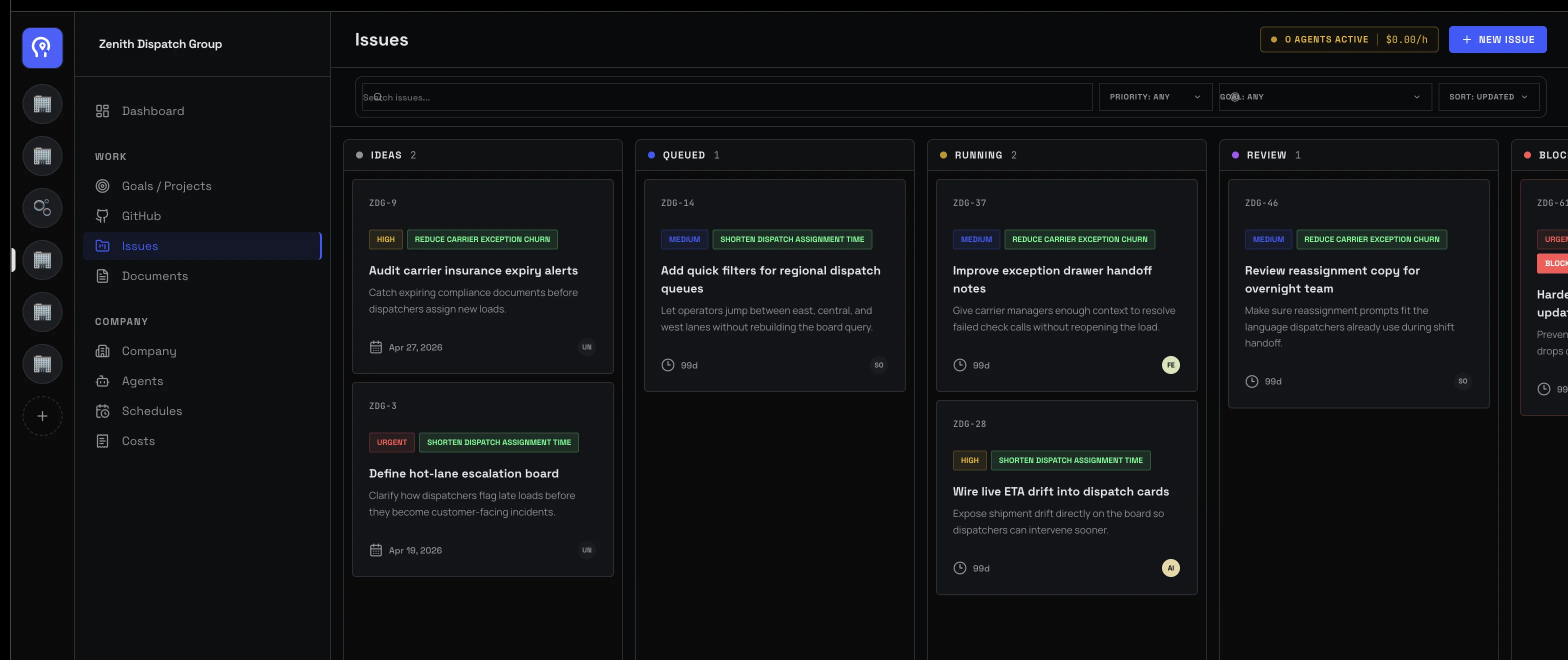 Kanban board of my Agent Orchestration Platform in production
